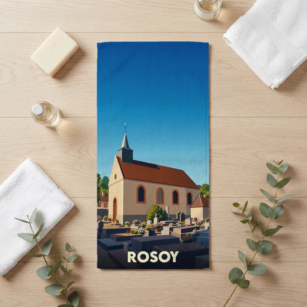 Serviette de bain souvenir de la ville de Rosoy avec une illustration stylisée de son église et de son cimetière.