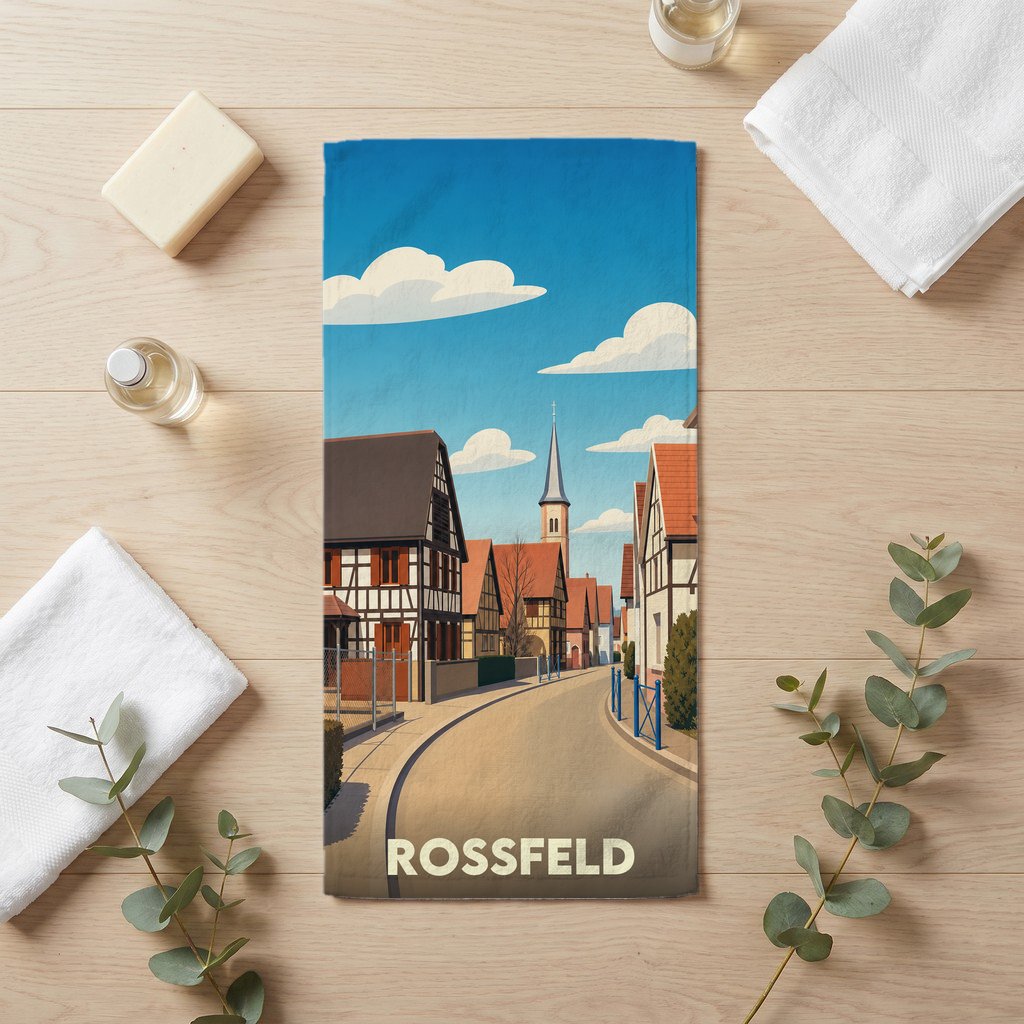 Serviette de bain souvenir de la ville de Rossfeld avec une illustration stylisée de maisons à colombages et d'un clocher.