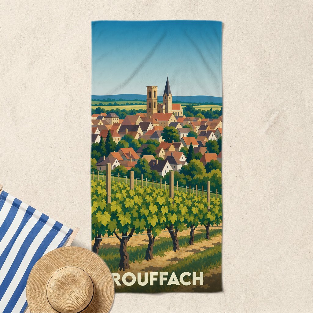 Serviette de bain souvenir de la ville de Rouffach avec une illustration stylisée de son vignoble et de son église.