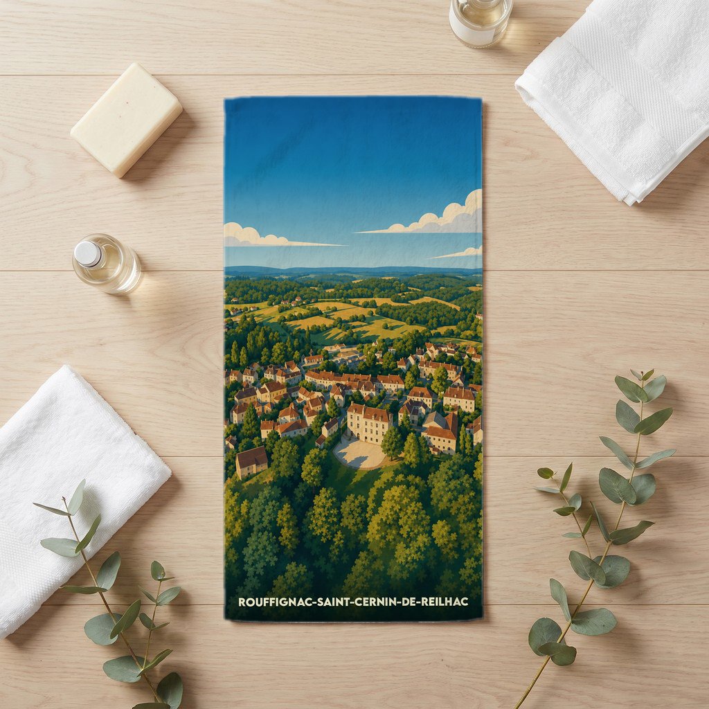 Serviette de bain souvenir de Rouffignac-Saint-Cernin-de-Reilhac avec une illustration paysagère stylisée.