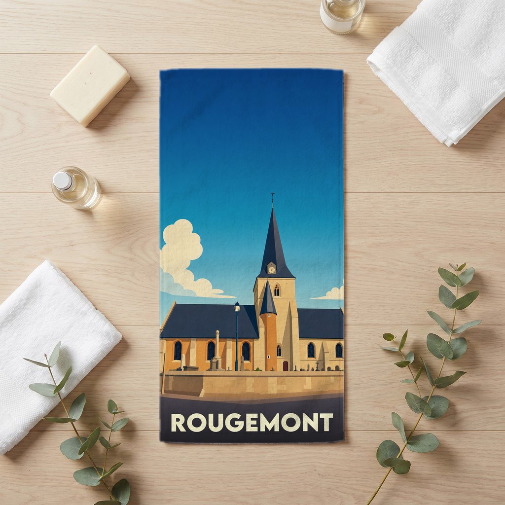 Serviette de bain souvenir de la ville de Rougemont avec une illustration stylisée de son église.