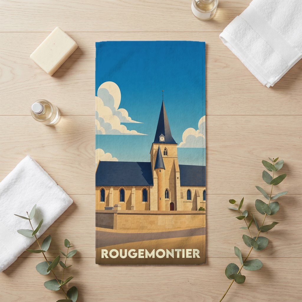 Serviette de bain souvenir de la ville de Rougemontier avec une illustration stylisée de son église.