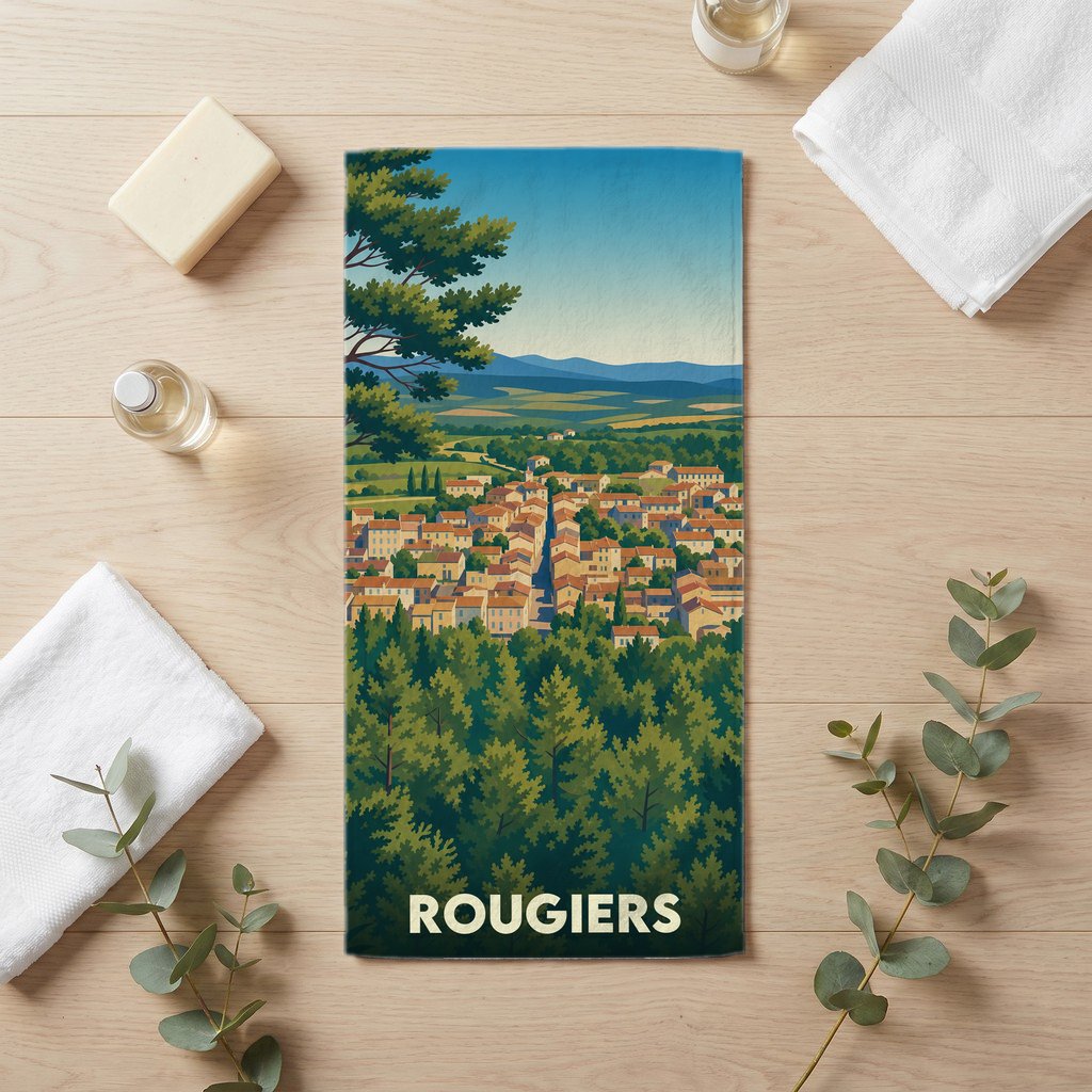 Serviette de bain souvenir de la ville de Rougiers avec une illustration stylisée de son paysage provençal.