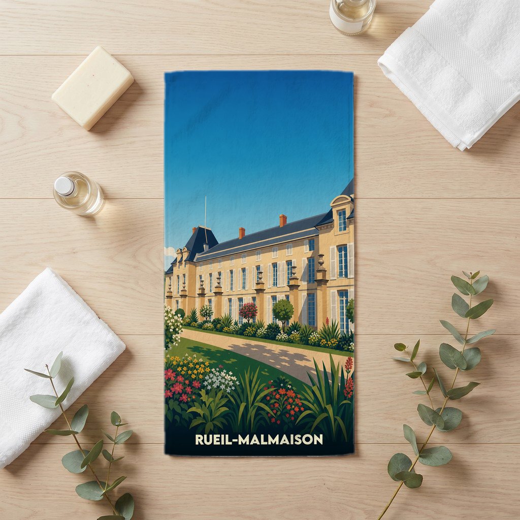 Serviette de bain souvenir de Rueil-Malmaison illustrant le château de la Malmaison dans un style rétro.