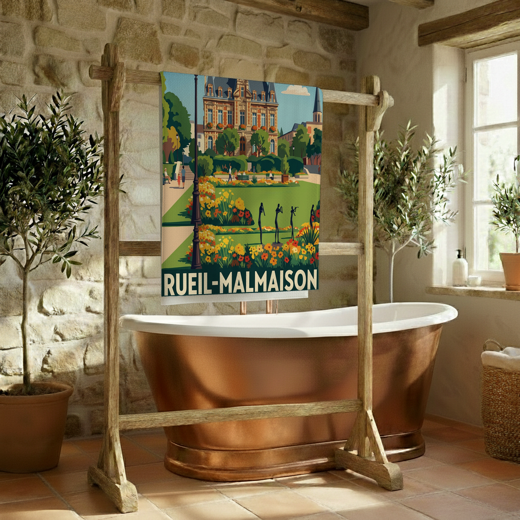 Serviette de bain souvenir de la ville de Rueil-Malmaison avec une illustration stylisée.