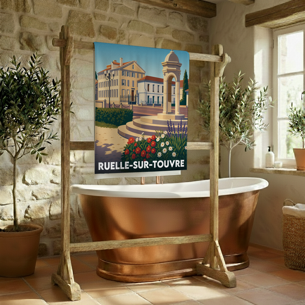 Serviette de bain souvenir de la ville de Ruelle-sur-Touvre avec une illustration stylisée.