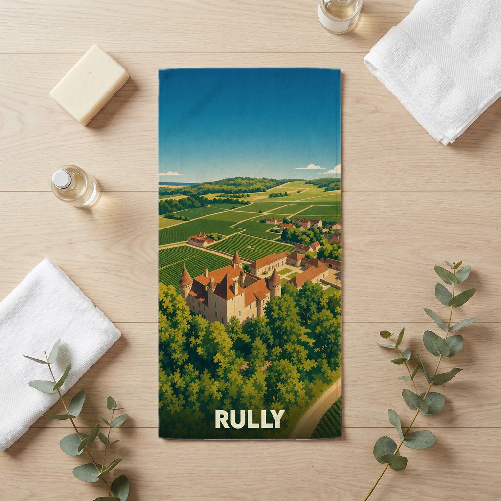 Serviette de bain souvenir de la ville de Rully avec une illustration stylisée de son château et de ses vignobles.