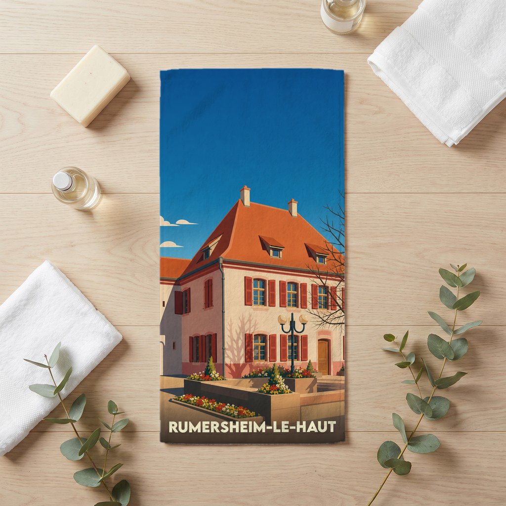 Serviette de bain souvenir de Rumersheim-le-Haut avec une illustration stylisée d'un bâtiment traditionnel.