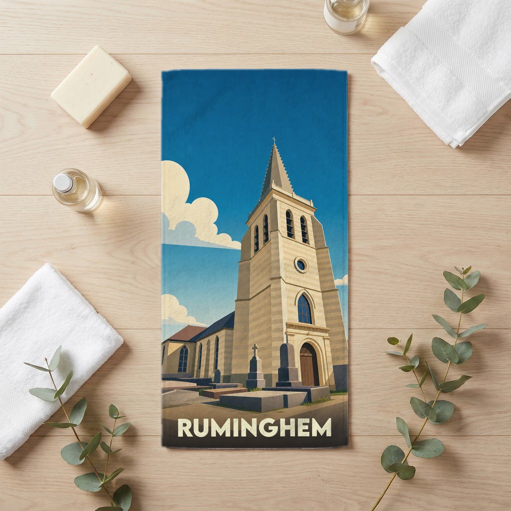 Serviette de bain souvenir de la ville de Ruminghem avec une illustration stylisée d'une église.