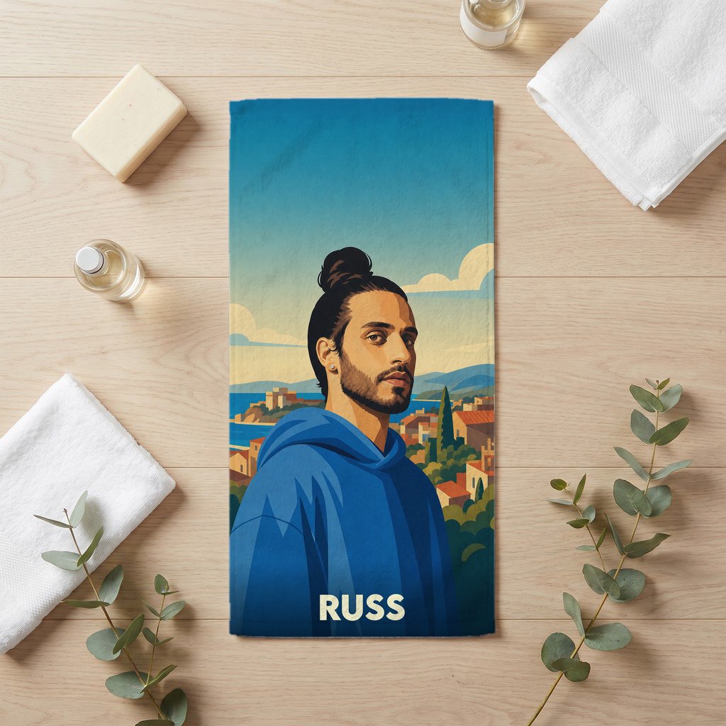 Serviette de bain souvenir de la ville de Russ avec une illustration stylisée d'un homme devant un paysage méditerranéen.