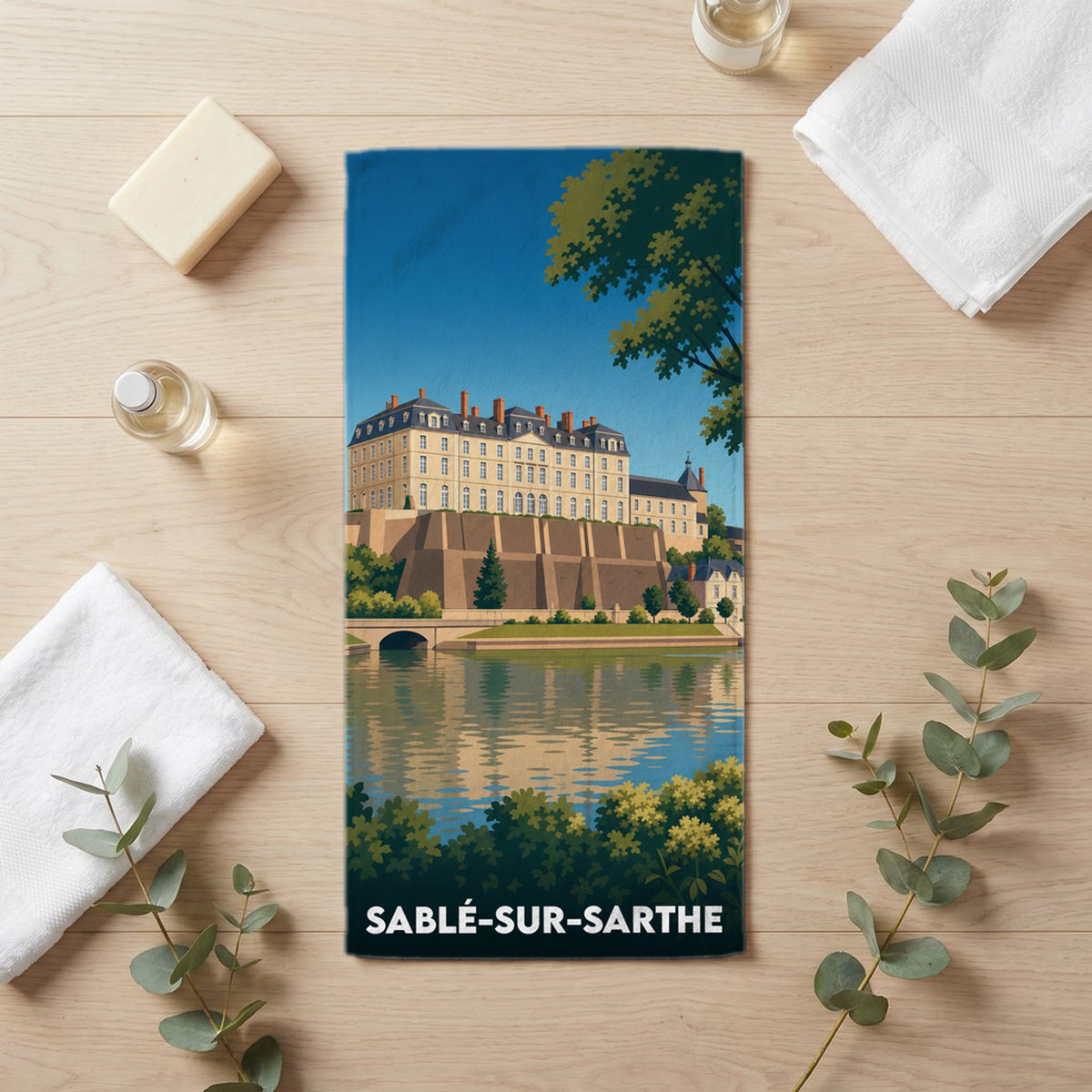 Serviette de bain 30 cm x 60 cm souvenir de Sablé-sur-Sarthe