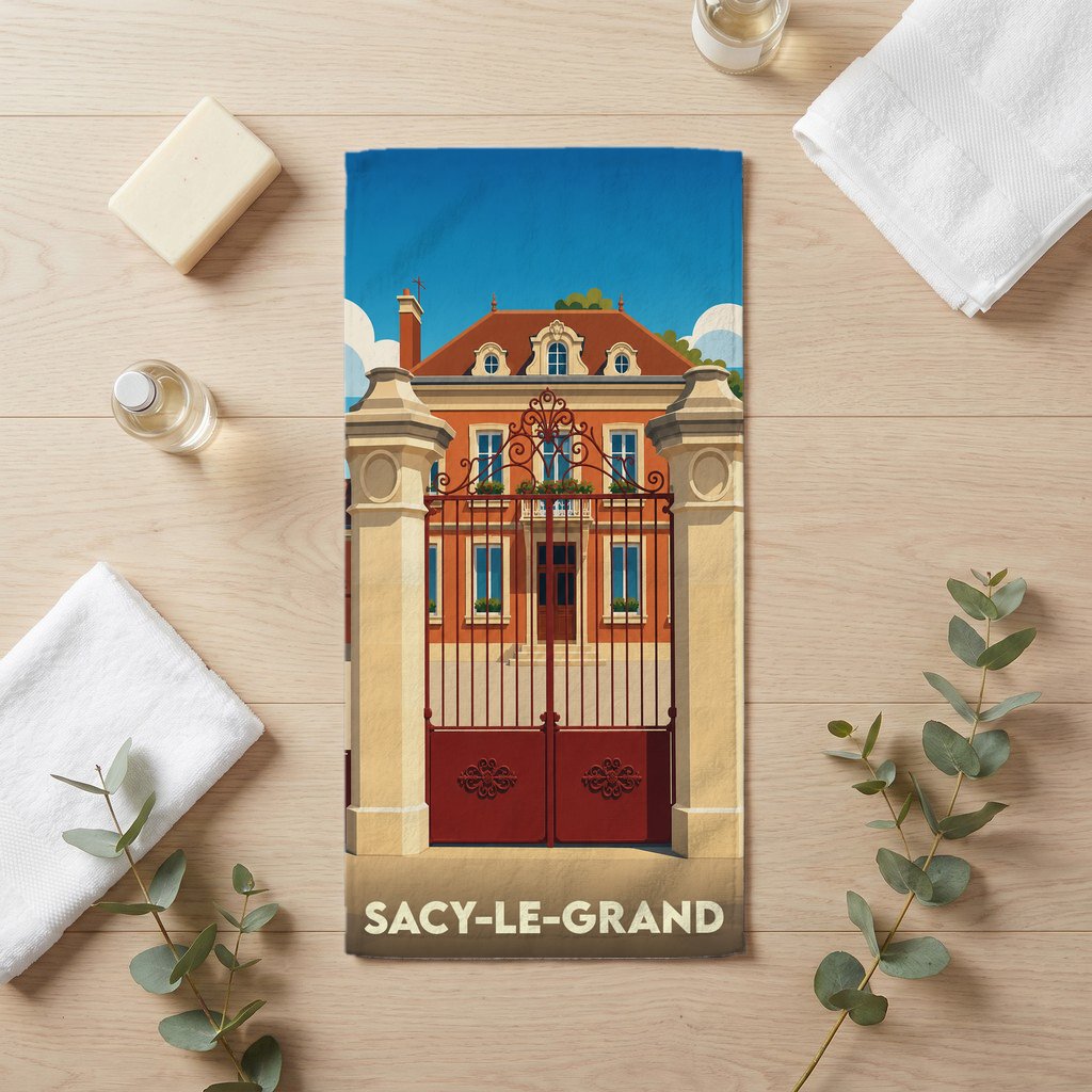 Serviette de bain souvenir de la ville de Sacy-le-Grand avec une illustration stylisée de l'architecture locale.