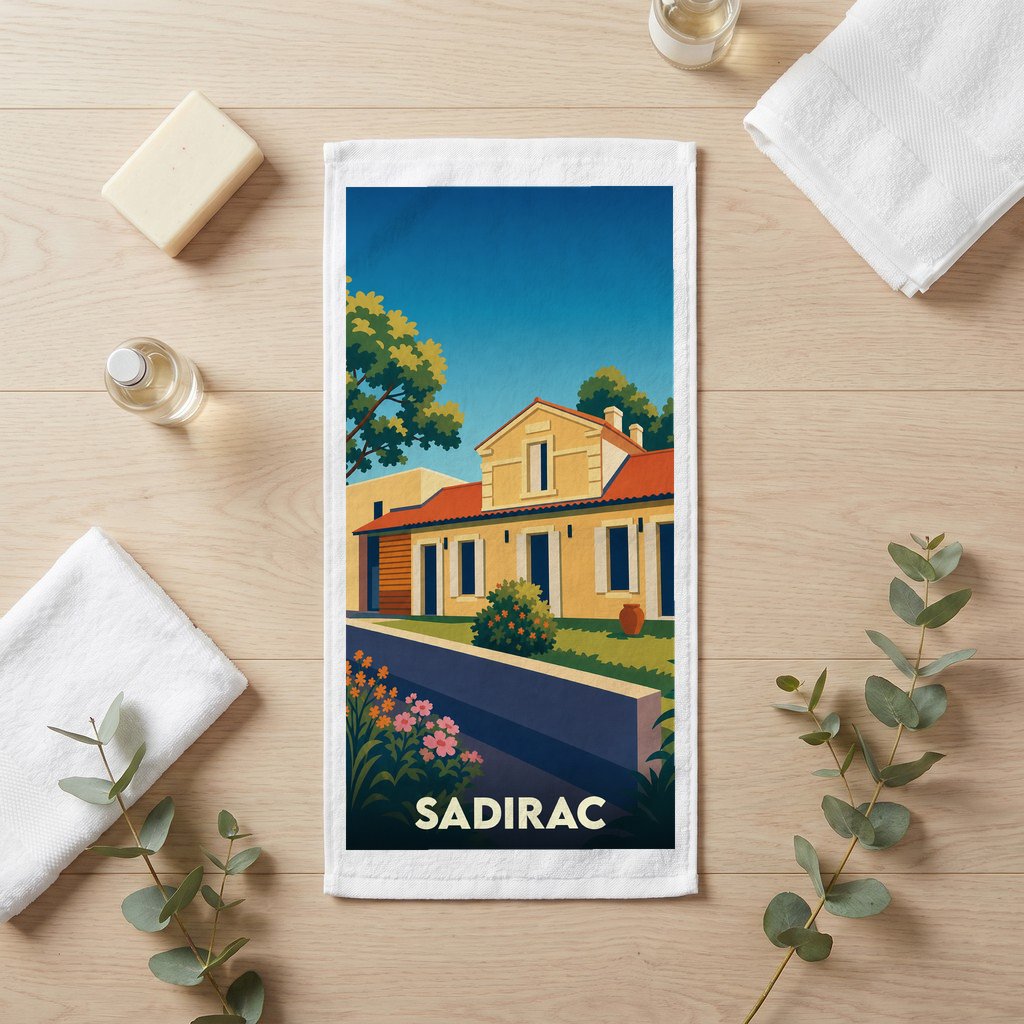 Serviette de bain souvenir de la ville de Sadirac avec une illustration stylisée.