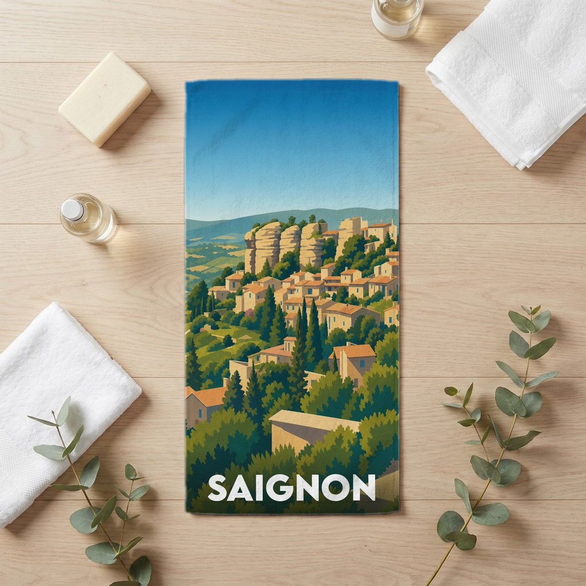 Serviette de bain 30 cm x 60 cm souvenir de Saignon