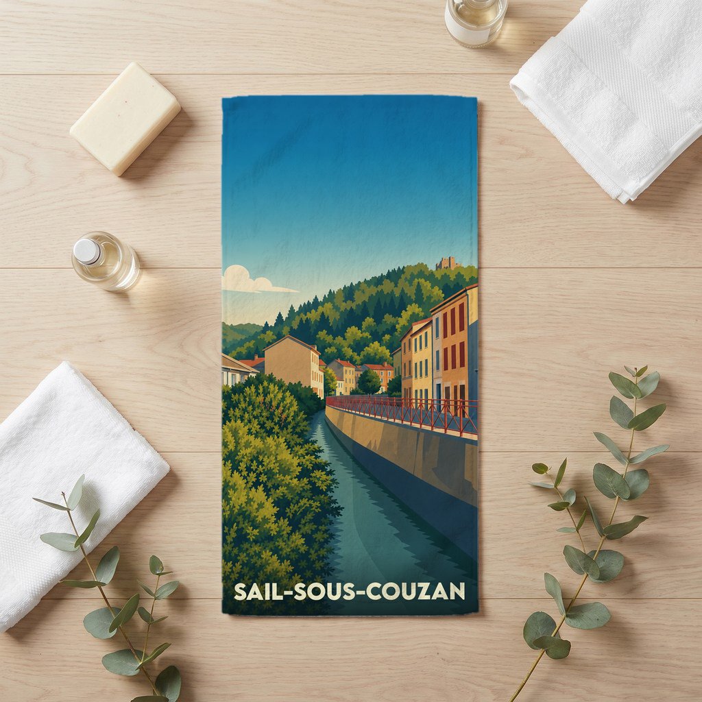 Serviette de bain souvenir de Sail-sous-Couzan avec une illustration stylisée de la ville et sa rivière.