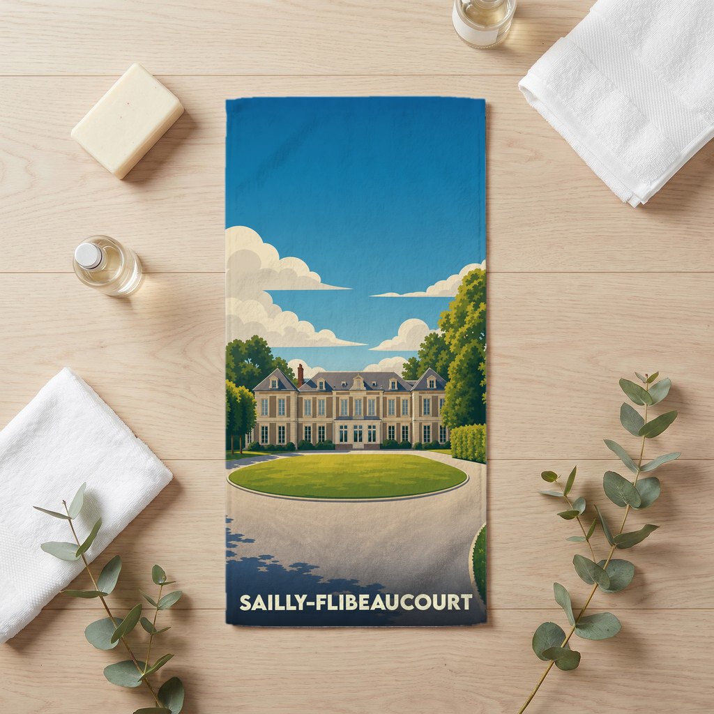Serviette de bain souvenir de la ville de Sailly-Flibeaucourt avec une illustration stylisée d'un château.