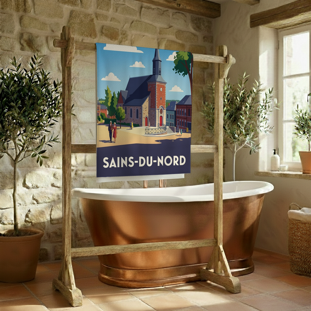 Serviette de bain souvenir de la ville de Sains-du-Nord avec une illustration stylisée.