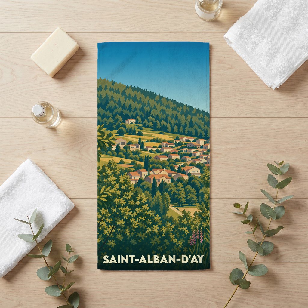Serviette de bain souvenir de la ville de Saint-Alban-d'Ay avec une illustration stylisée de son paysage vallonné.