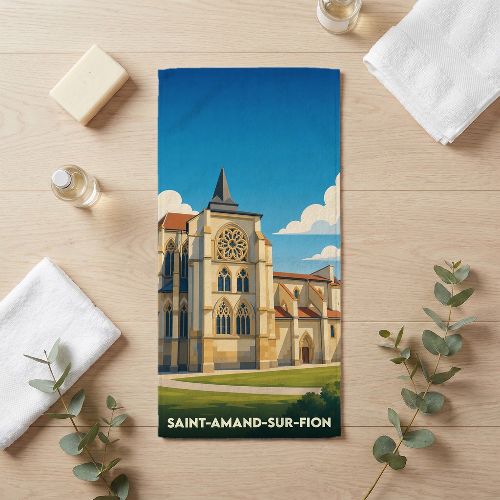 Serviette de bain souvenir de Saint-Amand-sur-Fion avec une illustration stylisée de son église.