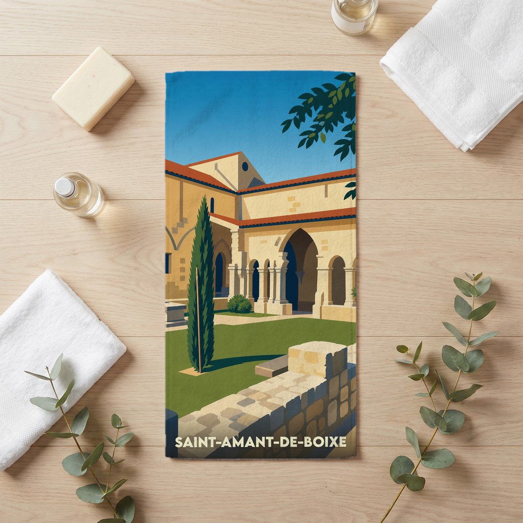 Serviette de bain souvenir de Saint-Amant-de-Boixe illustrant son abbaye dans un style graphique épuré.