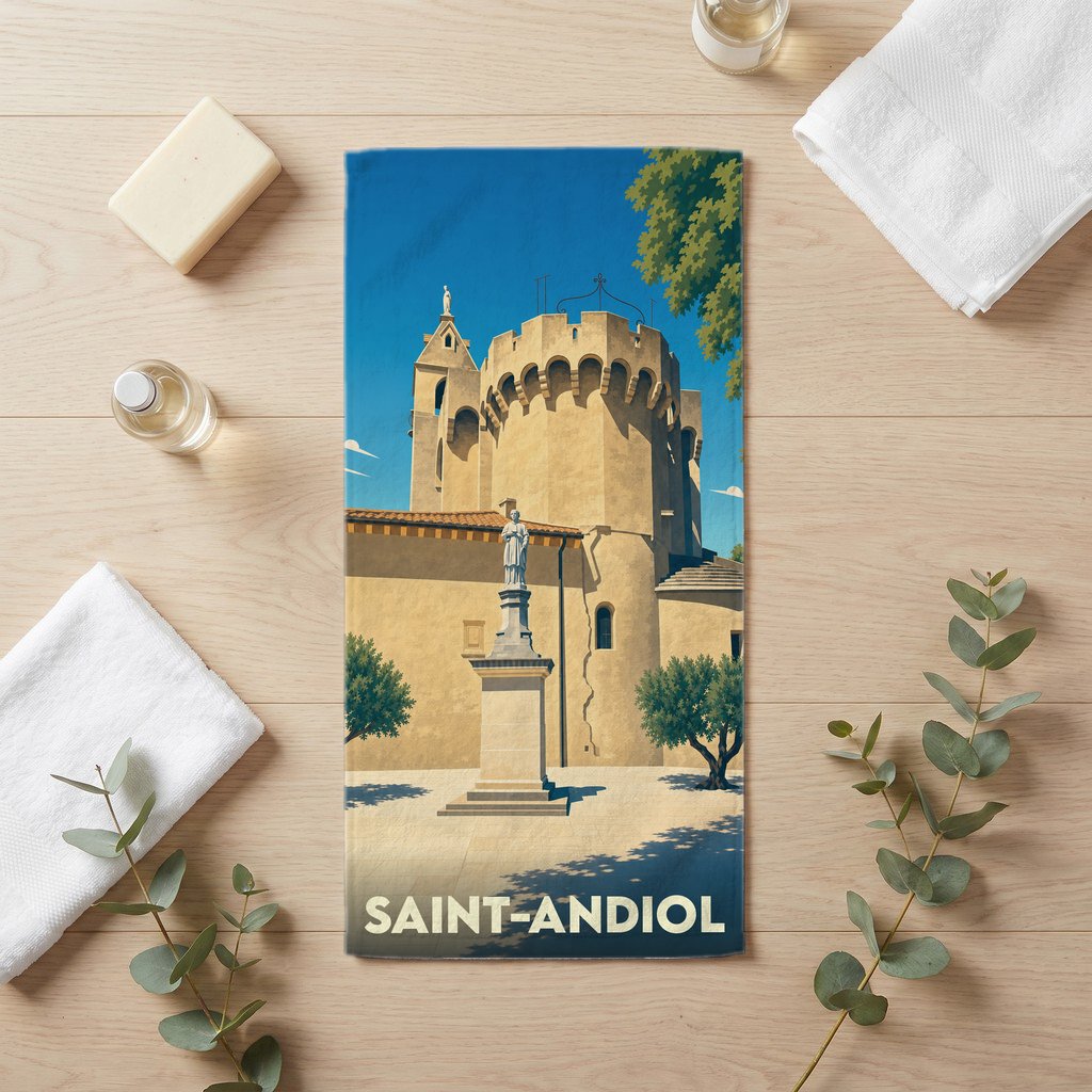 Serviette de bain souvenir de la ville de Saint-Andiol avec une illustration stylisée.
