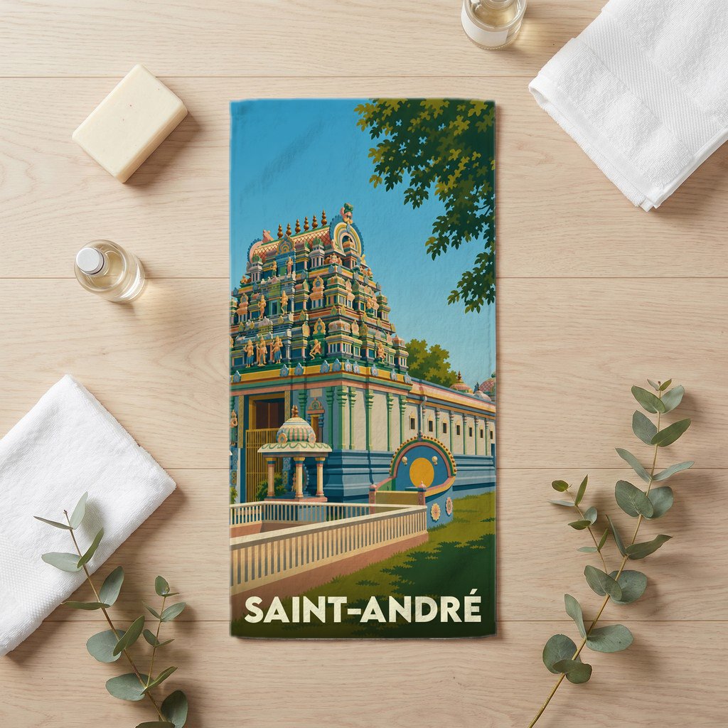 Serviette de bain souvenir de la ville de Saint-André avec une illustration stylisée d'un temple tamoul.