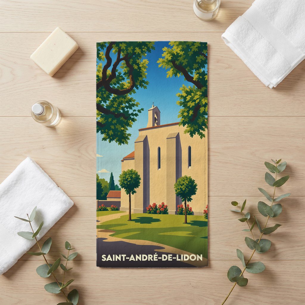 Serviette de bain souvenir de Saint-André-de-Lidon avec une illustration stylisée de son église.
