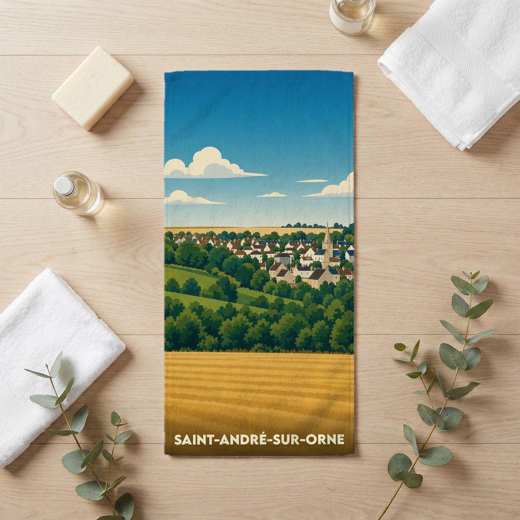 Serviette de bain souvenir de Saint-André-sur-Orne avec une illustration stylisée de la ville et de ses paysages.