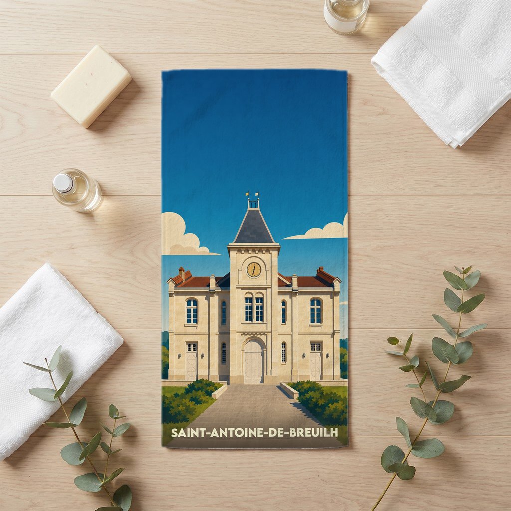 Serviette de bain souvenir de Saint-Antoine-de-Breuilh illustrée d'une vue stylisée de la mairie.