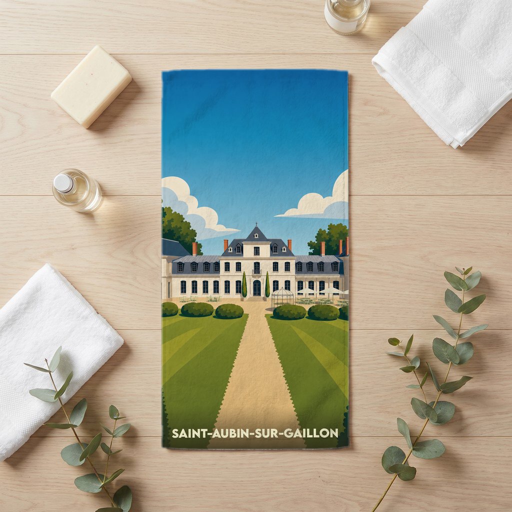 Serviette de bain souvenir de la ville de Saint-Aubin-sur-Gaillon avec une illustration stylisée de château.
