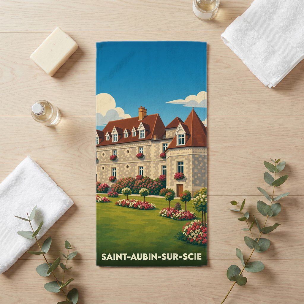Serviette de bain souvenir de Saint-Aubin-sur-Scie illustrant un château et son jardin fleuri.