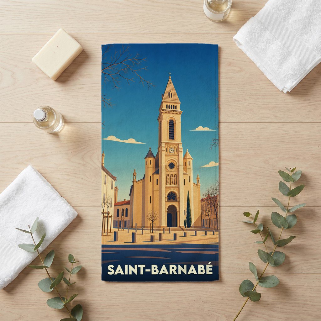 Serviette de bain souvenir de Saint-Barnabé avec une illustration stylisée de son église.