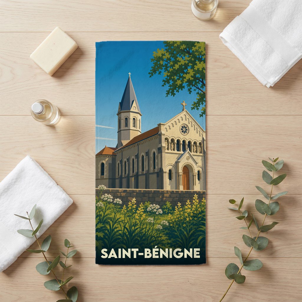 Serviette de bain souvenir de la ville de Saint-Bénigne avec une illustration stylisée de son église.