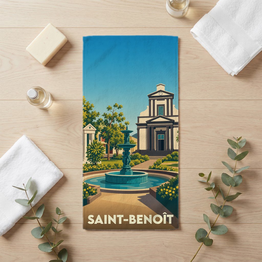 Serviette de bain souvenir de la ville de Saint-Benoît avec une illustration stylisée d'une place arborée et de son église.