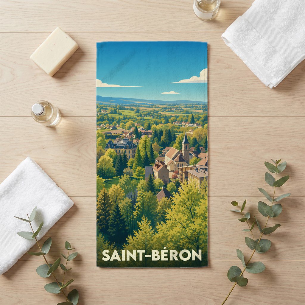 Serviette de bain souvenir de Saint-Béron illustrée d'un paysage de village verdoyant au style rétro.