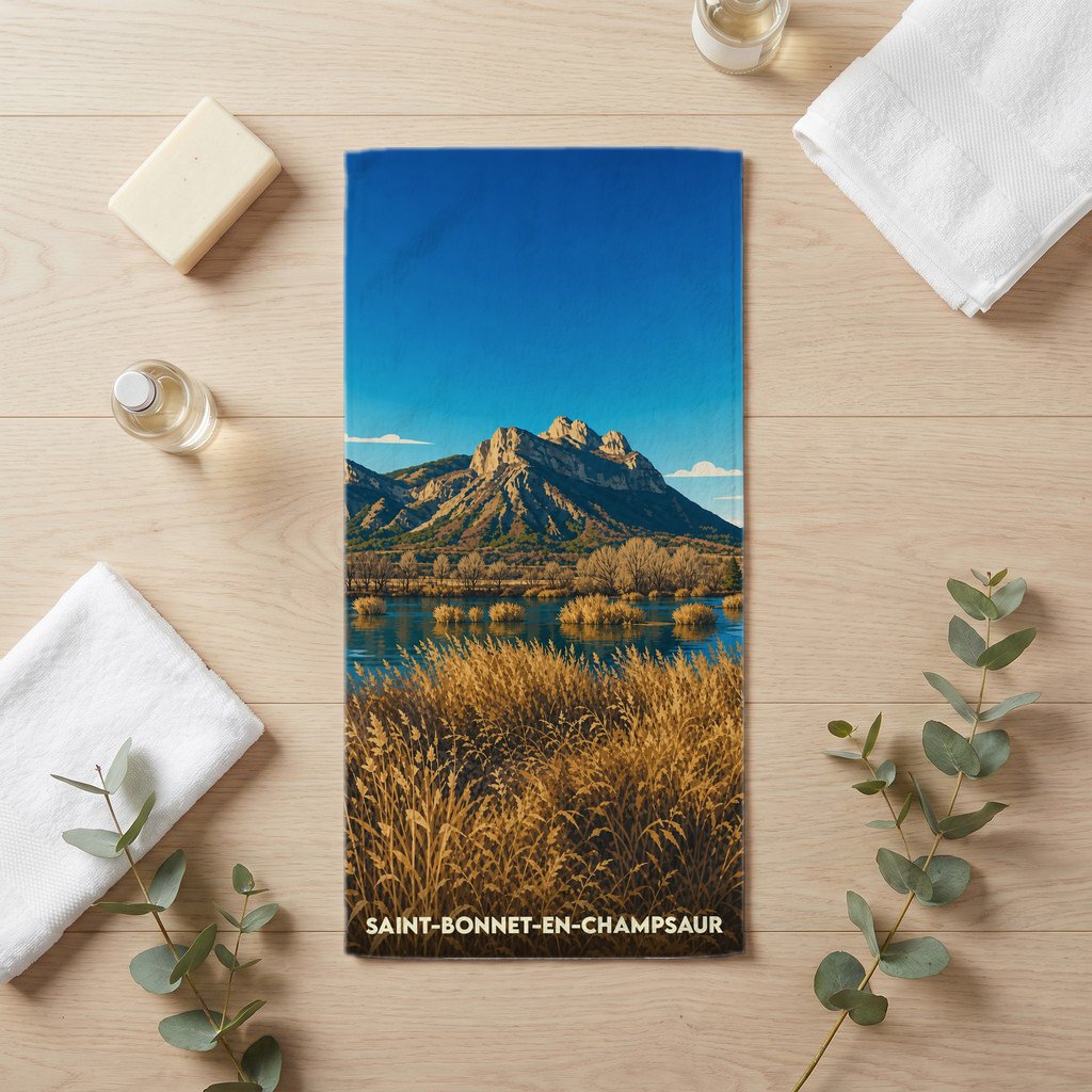 Serviette de bain souvenir de Saint-Bonnet-en-Champsaur avec une illustration de paysage montagneux.