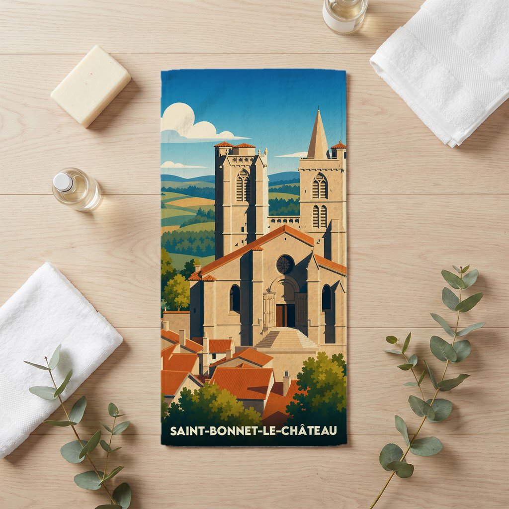 Serviette de bain souvenir de la ville de Saint-Bonnet-le-Château avec une illustration stylisée de sa collégiale.
