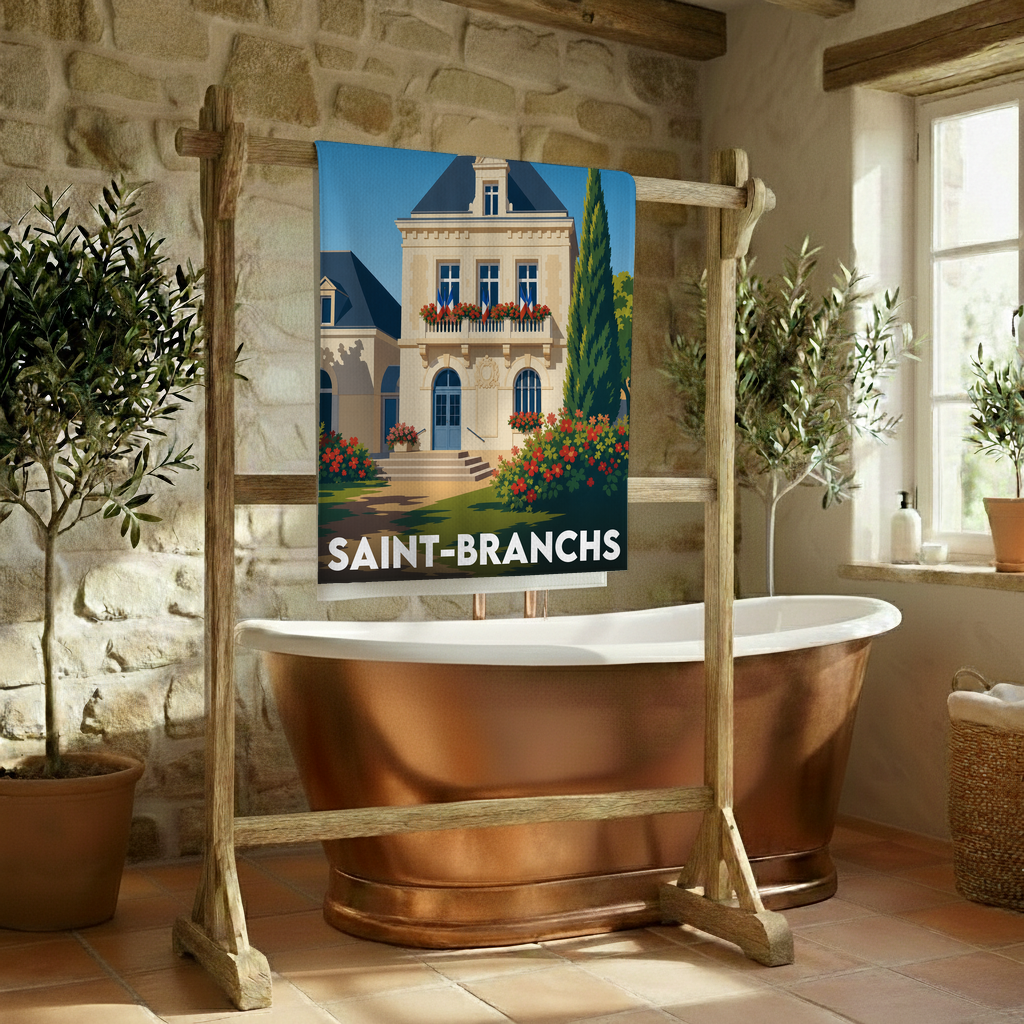 Serviette de bain souvenir de la ville de Saint-Branchs avec une illustration stylisée.