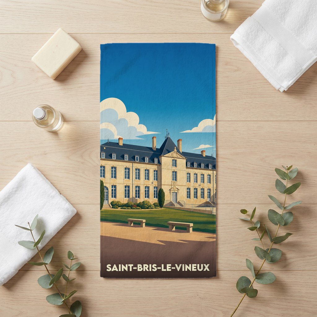 Serviette de bain souvenir de Saint-Bris-le-Vineux illustrée d'un château sous un ciel bleu.