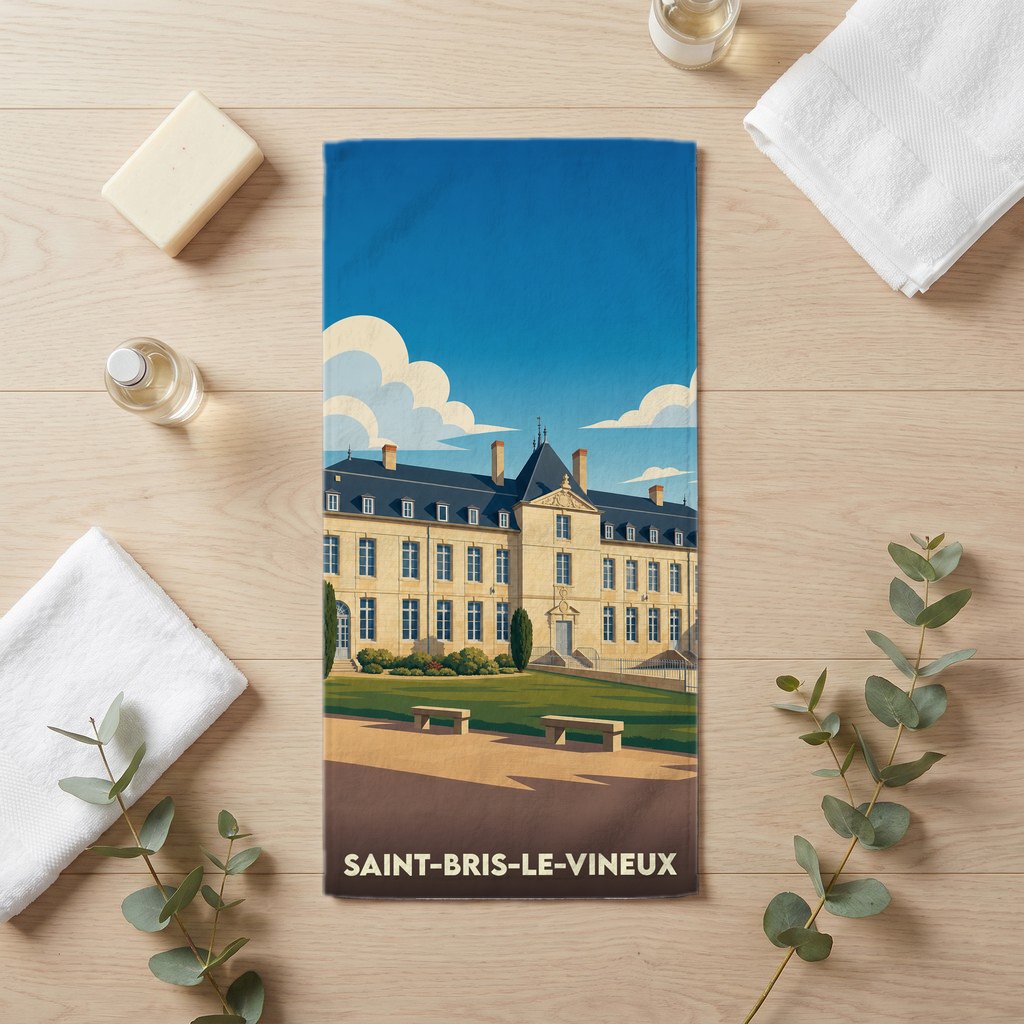 Serviette de bain souvenir de la ville de Saint-Bris-le-Vineux avec une illustration stylisée d'un bâtiment historique.