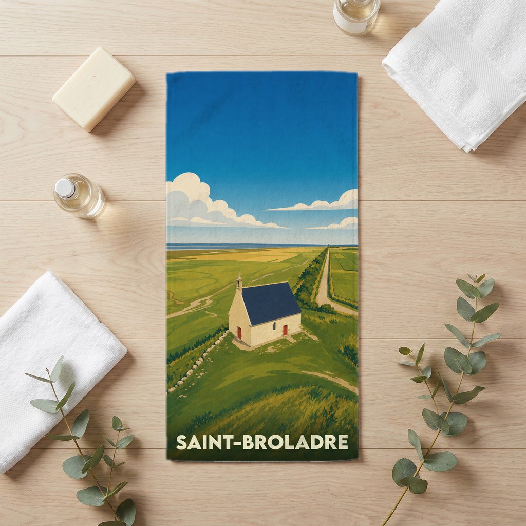 Serviette de bain souvenir de la ville de Saint-Broladre avec une illustration stylisée d'une chapelle.