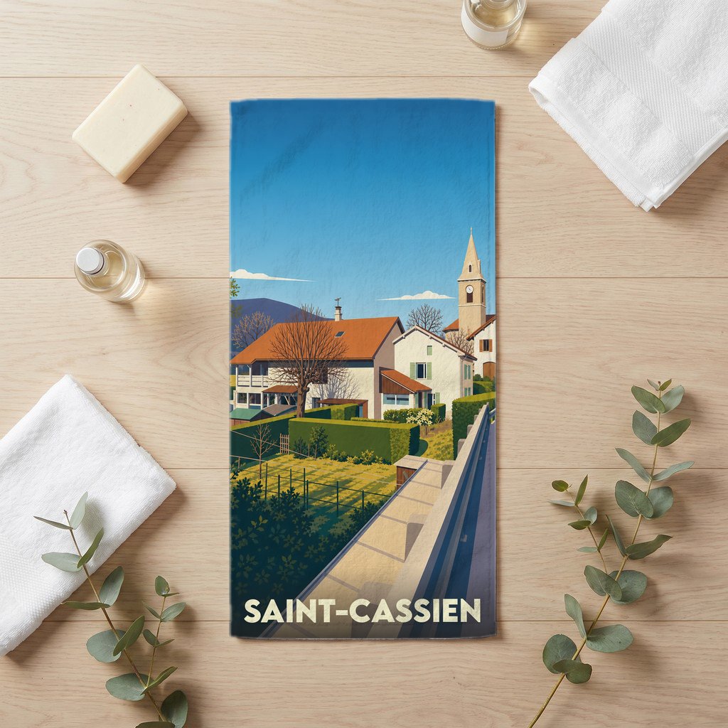 Serviette de bain souvenir de la ville de Saint-Cassien avec une illustration de paysage urbain coloré.