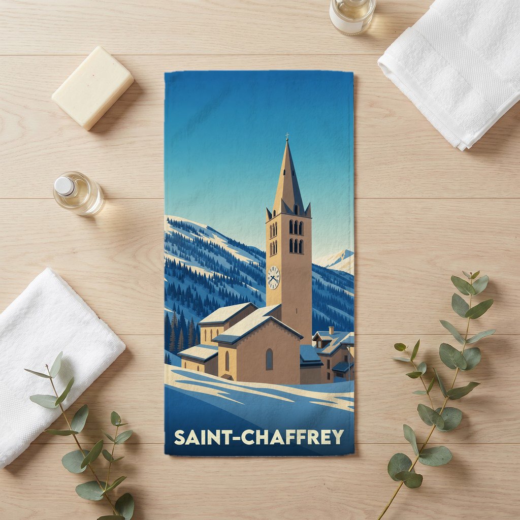 Serviette de bain souvenir de Saint-Chaffrey avec une illustration stylisée de son église sous la neige.