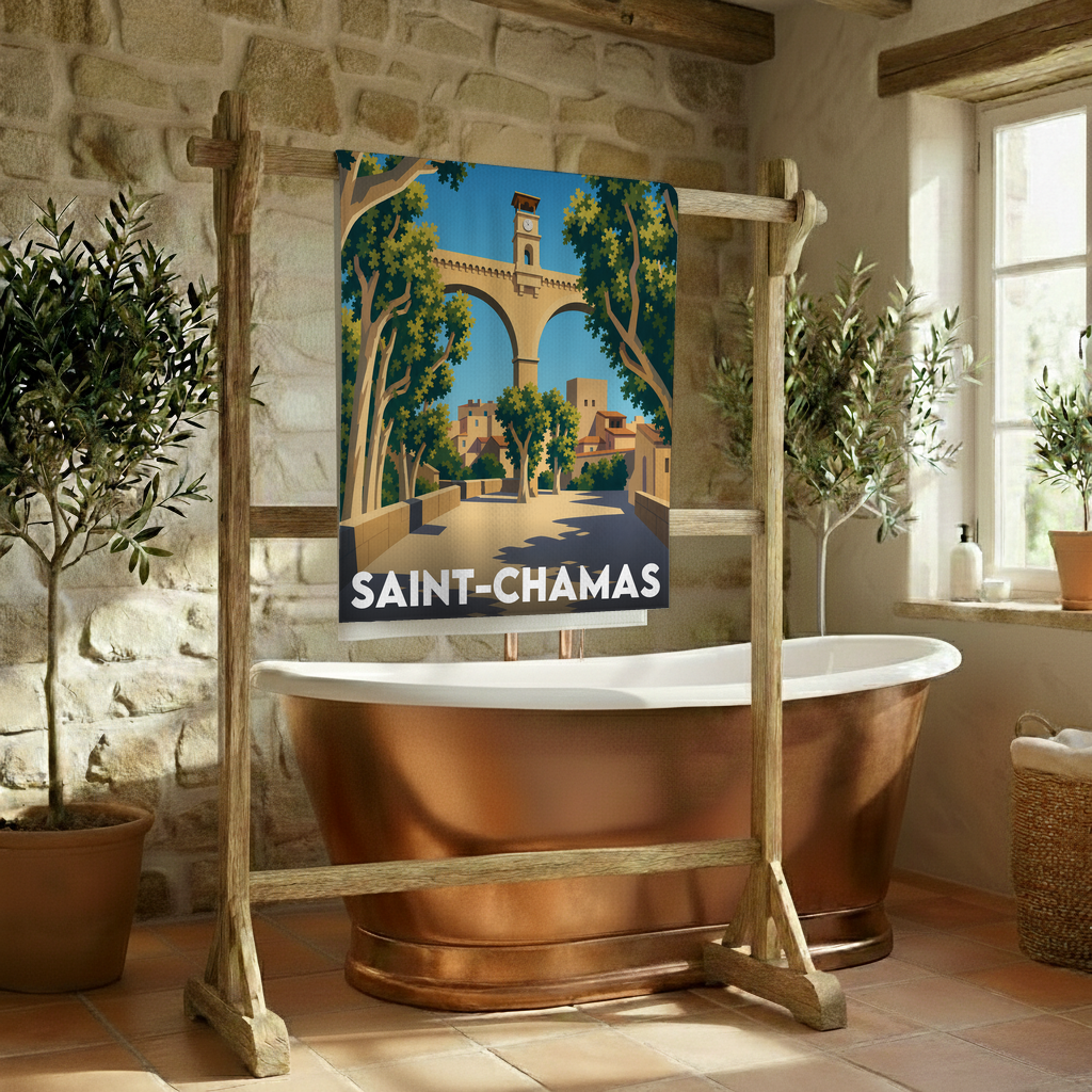 Serviette de bain souvenir de la ville de Saint-Chamas avec une illustration stylisée.