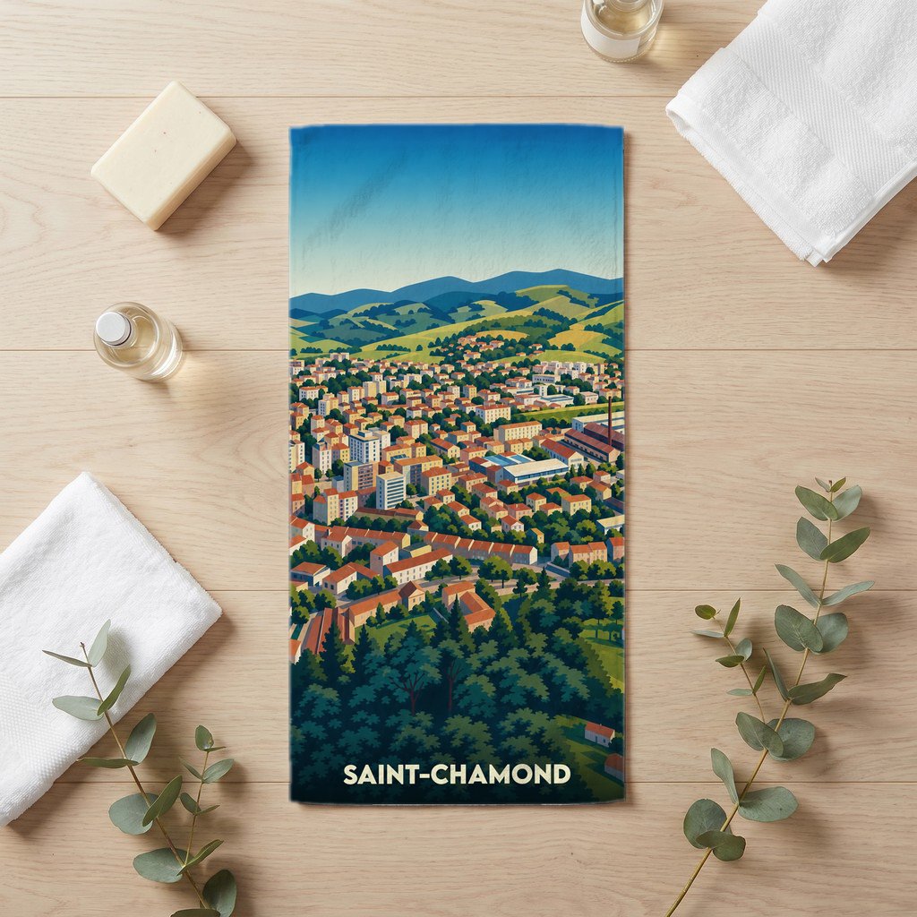 Serviette de bain souvenir de la ville de Saint-Chamond illustrée par un paysage urbain stylisé.