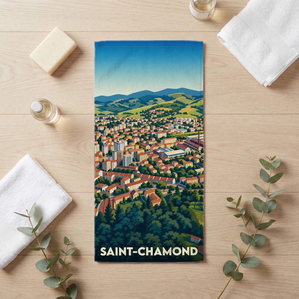 Serviette de bain souvenir de la ville de Saint-Chamond illustrée par un paysage urbain stylisé.