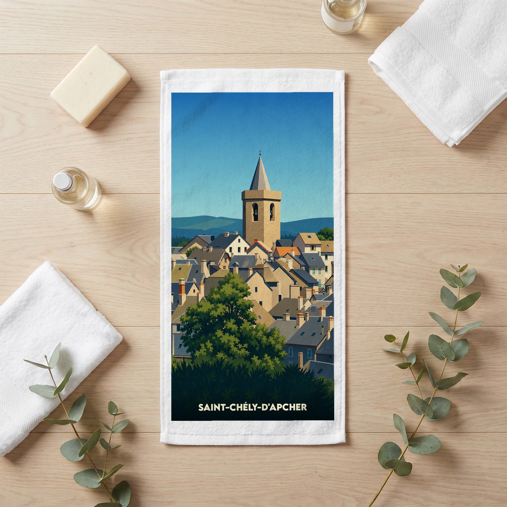 Serviette de bain souvenir de Saint-Chély-d'Apcher avec une illustration stylisée de la ville.