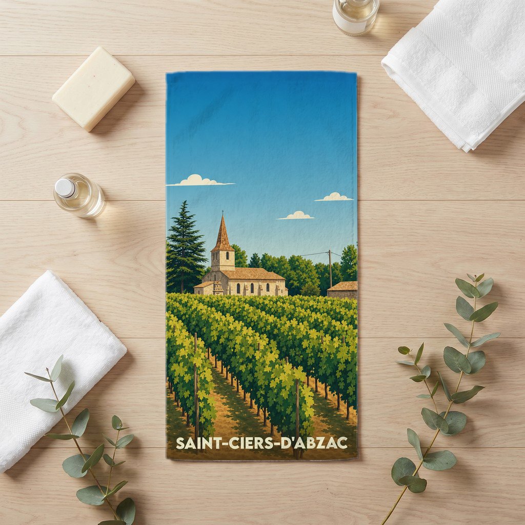 Serviette de bain souvenir de Saint-Ciers-d'Abzac illustrant son église et ses vignobles.