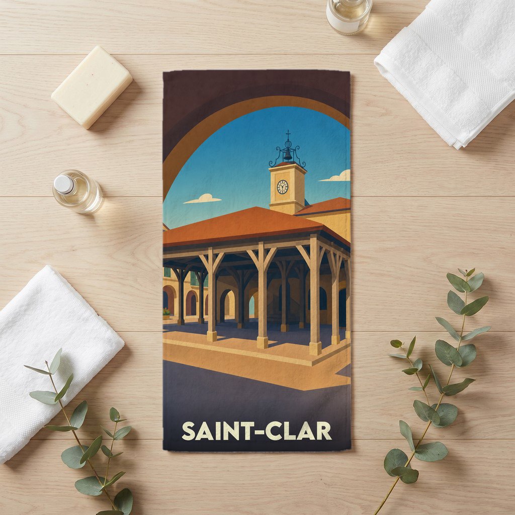 Serviette de bain souvenir de la ville de Saint-Clar avec une illustration stylisée de sa halle et de son clocher.