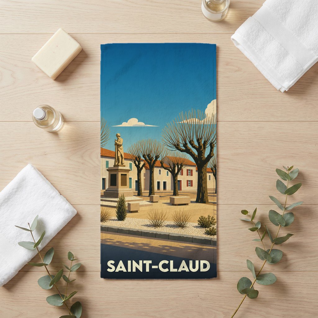 Serviette de bain souvenir de la ville de Saint-Claud avec une illustration stylisée d'une place arborée.